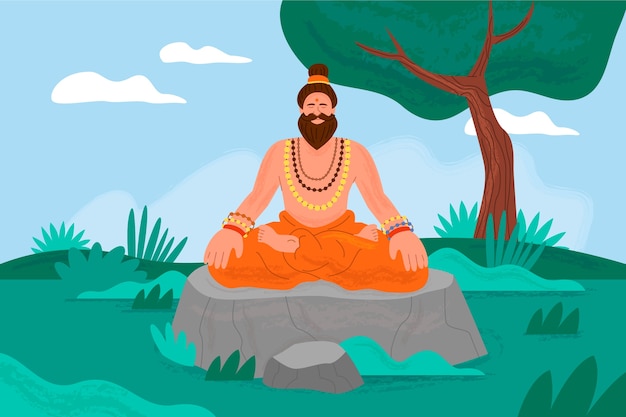 Hand drawn sadhu meditating illustration
