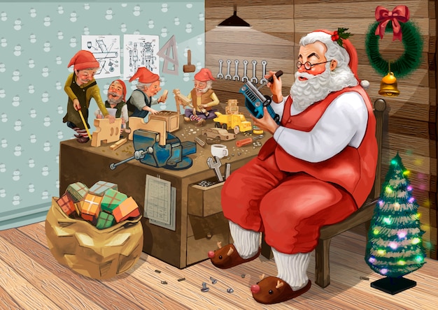 Hand drawn Santa Claus making Christmas presents 