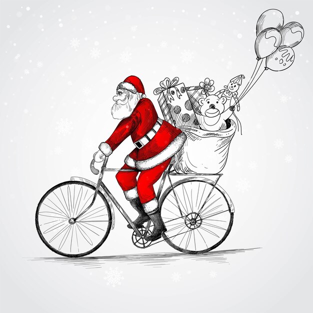 Hand drawn santa claus on riding a bicycle delivering christmas gifts sketch