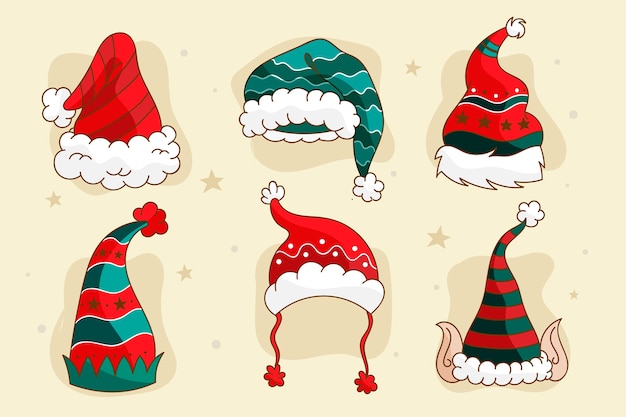 Vettore gratuito collezione disegnata a mano del cappello di babbo natale