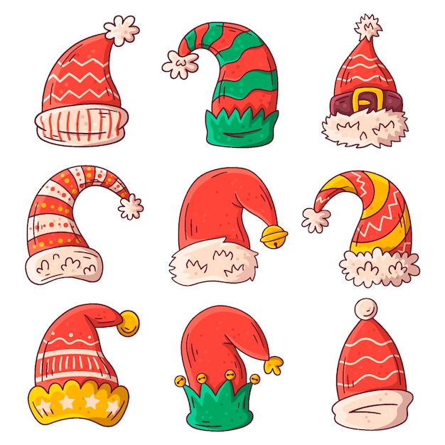 Vettore gratuito set cappello di babbo natale disegnato a mano