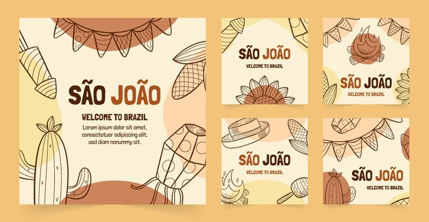 Hand drawn sao joao instagram posts collection