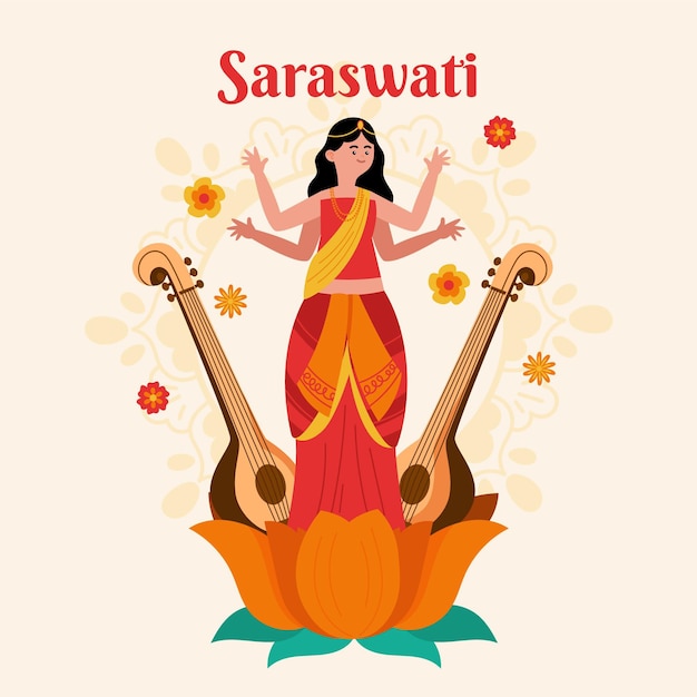 Vettore gratuito illustrazione di saraswati disegnata a mano