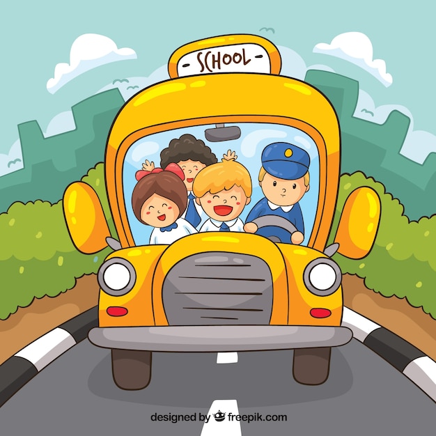 Hand drawn school bus and children with cartoon style