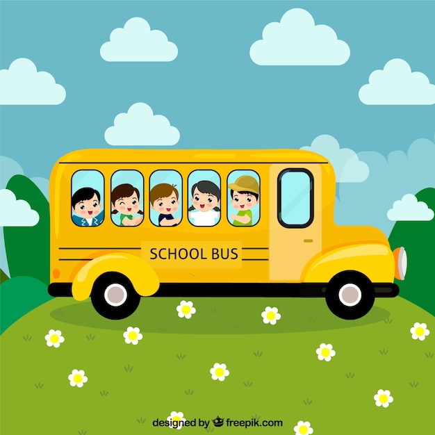 無料ベクター 子供たちと手で描かれたスクールバス