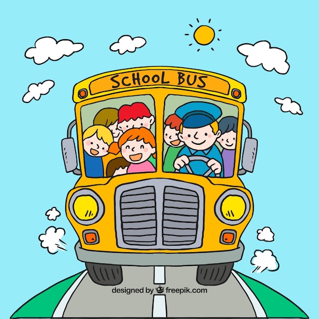 Hand drawn school bus with children – Free Vector Download