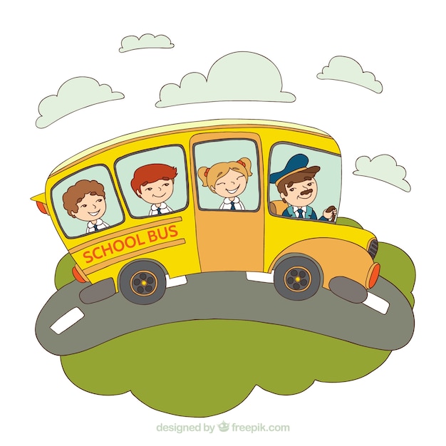 Free vector hand drawn school bus with children