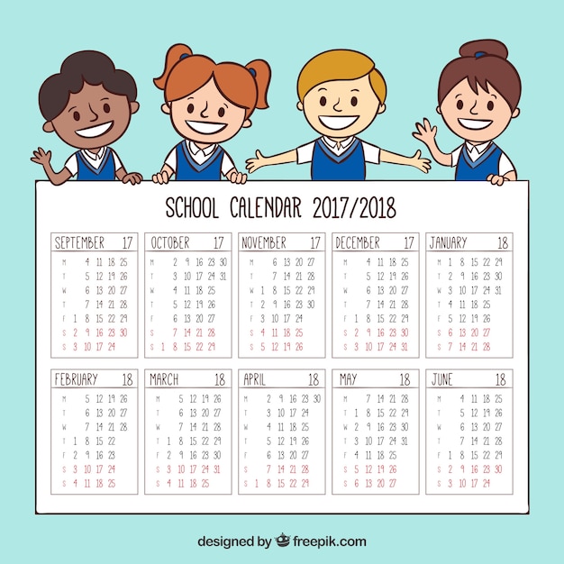 Hand drawn school calendar with children