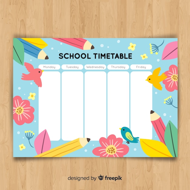 Hand drawn school timetable with animals