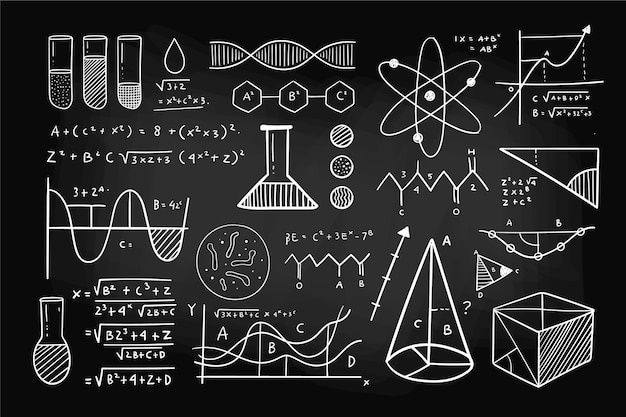 Hand drawn scientific formulas on chalkboard