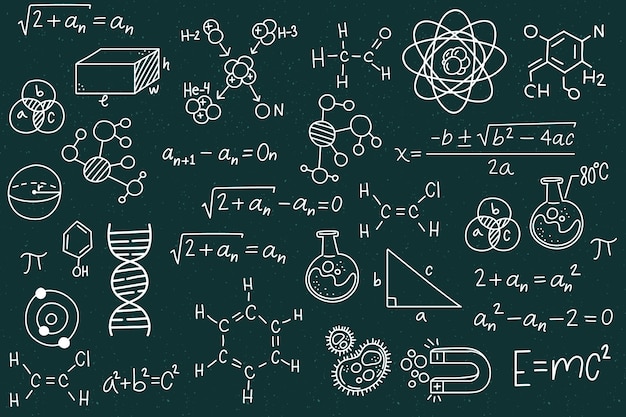 Hand drawn scientific formulas on chalkboard