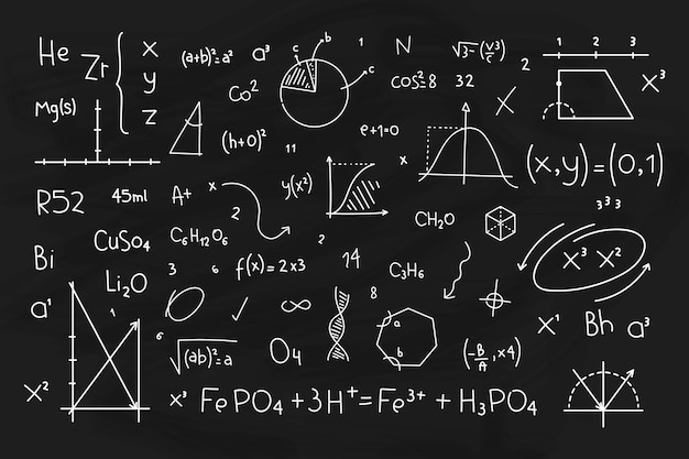 Hand drawn scientific formulas on chalkboard