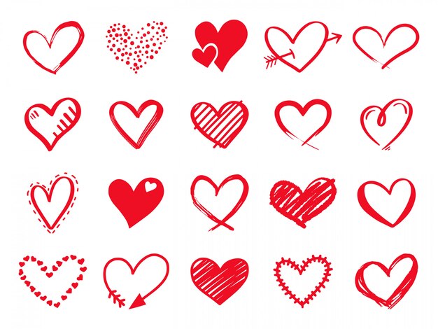 Hand drawn scribble hearts. painted heart shaped elements for valentines day greeting card. doodle red love hearts   icons set. collection on romantic symbols on white background