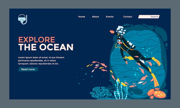 Free vector hand drawn scuba diving landing page template
