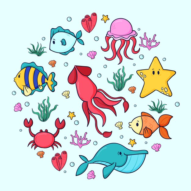 Hand drawn sea animals collection