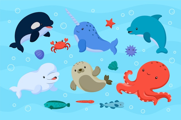 손으로 그린 바다 동물 컬렉션