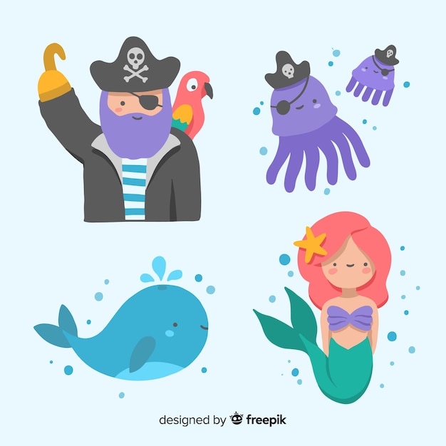 Бесплатное векторное изображение Коллекция рисованной морских персонажей
