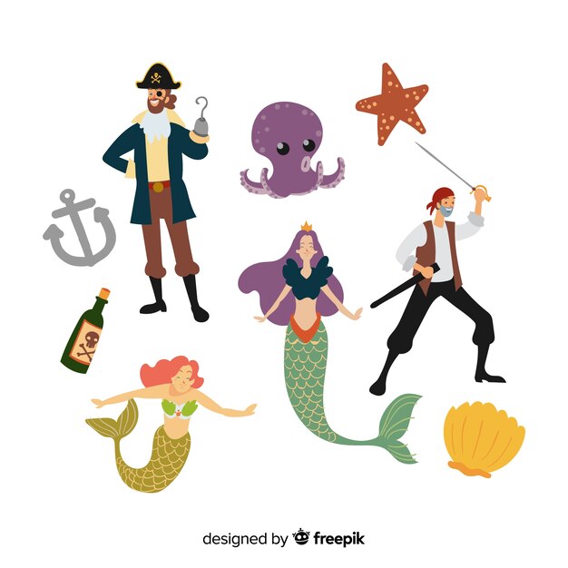 hand drawn sea characters collection