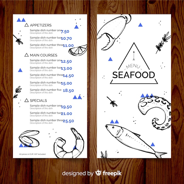 Modello di menu ristorante pesce disegnato a mano