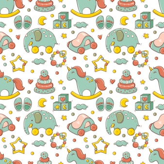 Hand drawn seamless pattern with baby colorful toys and accessories.