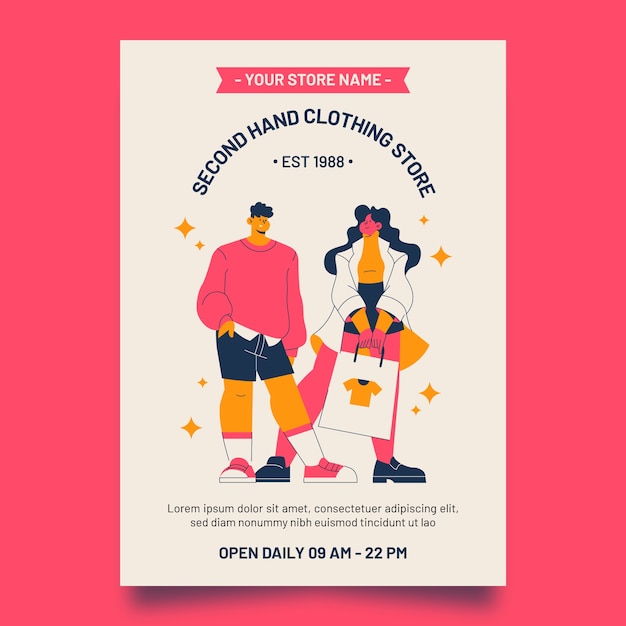 Free vector hand drawn second hand clothing store flyer