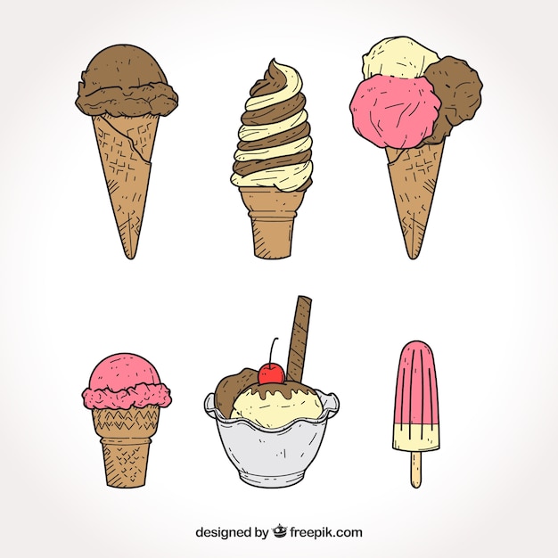 Vettore gratuito selezione a mano di diversi tipi di gelati