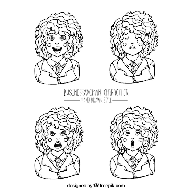 Hand-drawn selection of expressive businesswoman characters