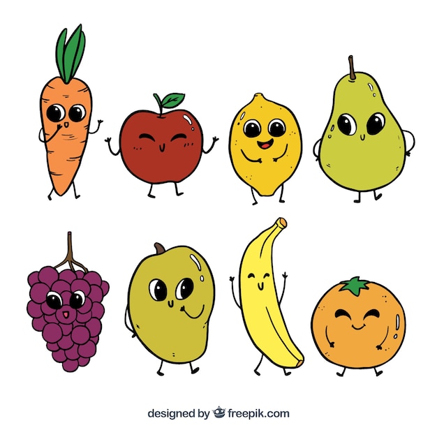 Hand-drawn selection of funny fruit characters