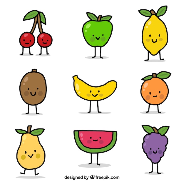 Hand-drawn selection of nine smiling fruit characters