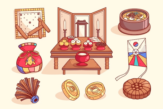 Free Vector hand drawn seollal festival elements collection