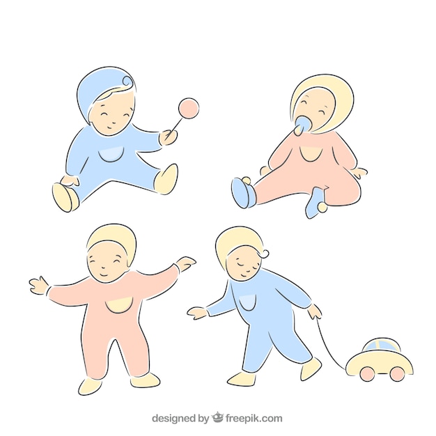 Hand-drawn set of adorable baby playing