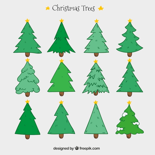 Set disegnata a mano degli alberi di natale