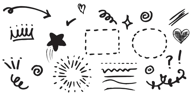 Hand drawn set of curly swishes, swashes, swoops. abstract arrows,  arrow, heart, love, star, leaf, sun, light, crown, king, queen, on doodle style for concept design. vector illustration.