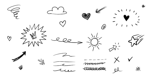 Hand drawn set of curly swishes, swashes, swoops. abstract arrows,  arrow, heart, love, star, leaf, sun, light, crown, king, queen, on doodle style for concept design. vector illustration.