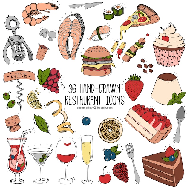 Free vector hand drawn set of delicious food