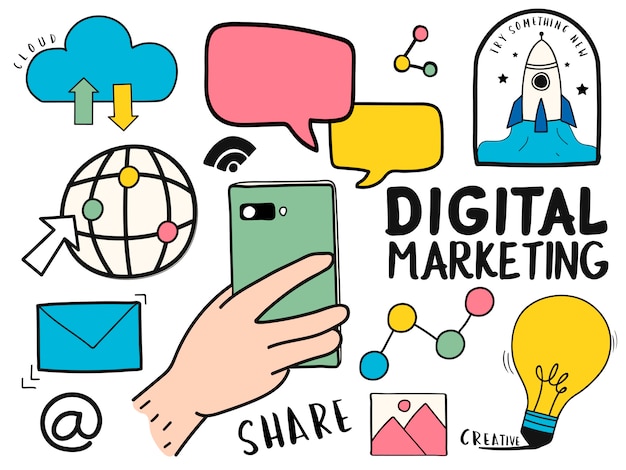 Hand drawn set of digital marketing symbols illustration