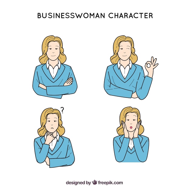 Free vector hand-drawn set of expressive businesswoman character