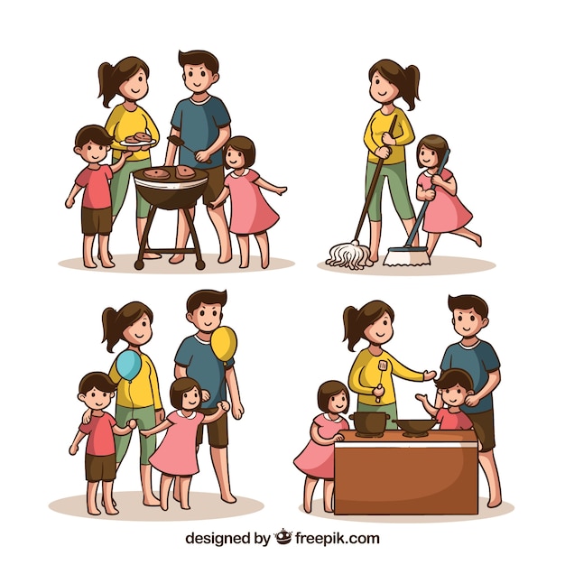 Hand drawn set of families doing different activities