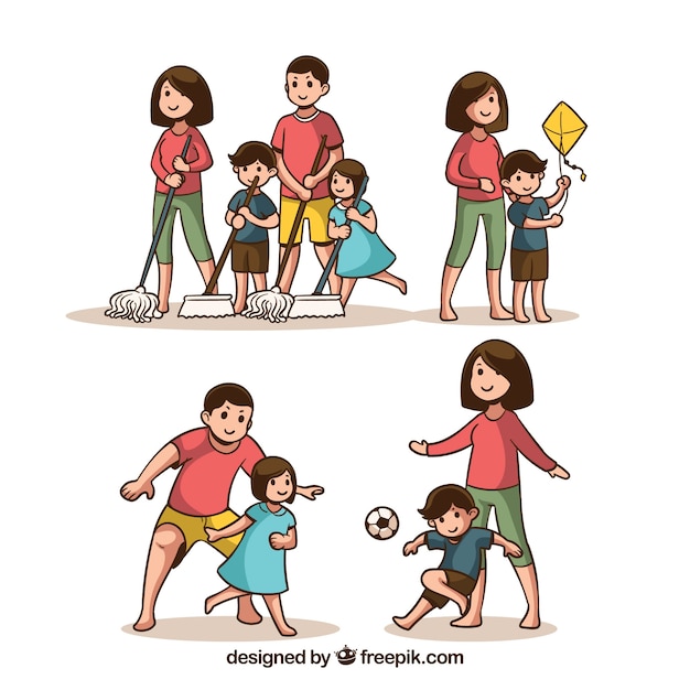 Free vector hand drawn set of families doing different activities