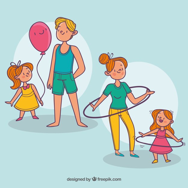 Hand drawn set of families doing different activities