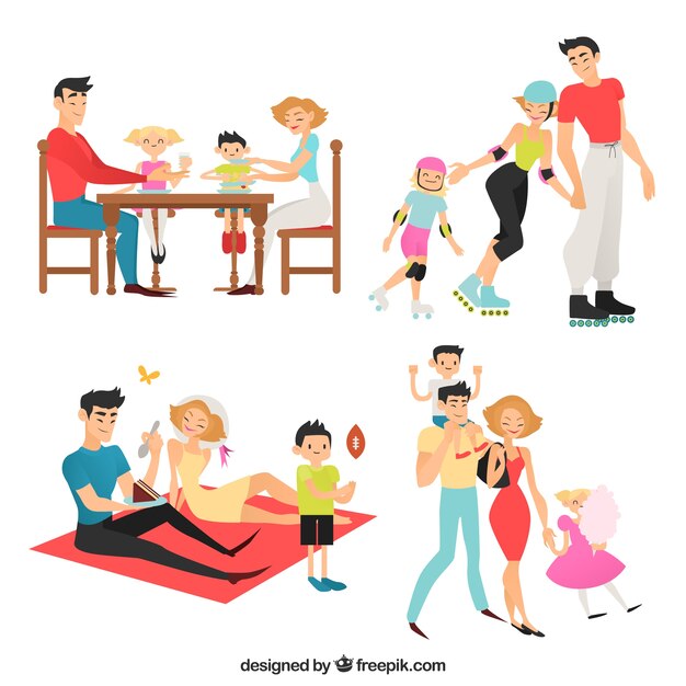 Hand drawn set of families doing different activities