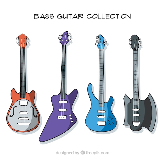 Free vector hand-drawn set of four bass guitars