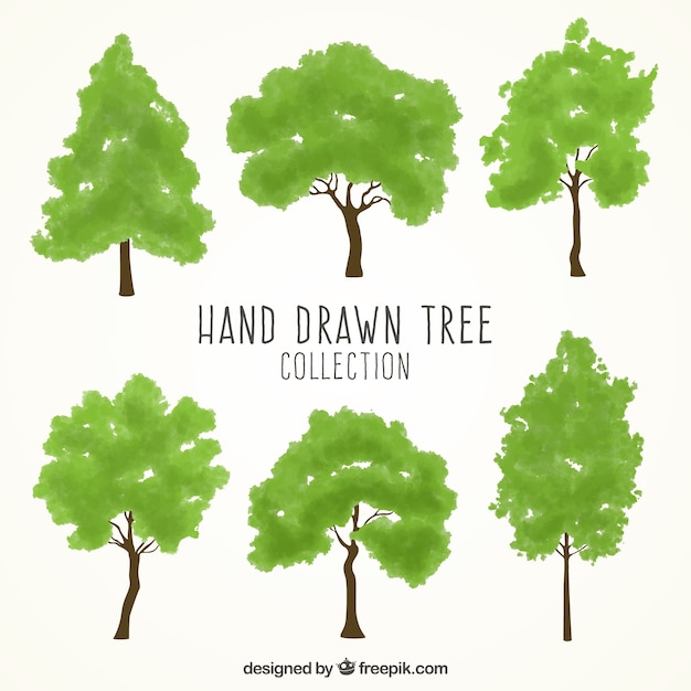 Hand-drawn set of green trees