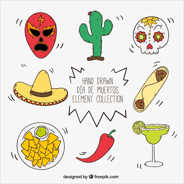 Hand-drawn set of mexican items