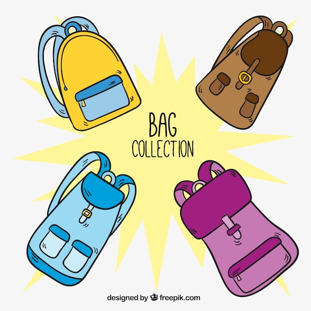 Бесплатное векторное изображение Ручной тяге набор из четырех красочных рюкзаках
