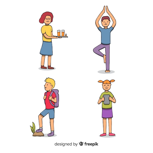 Free vector hand drawn set of people doing activities