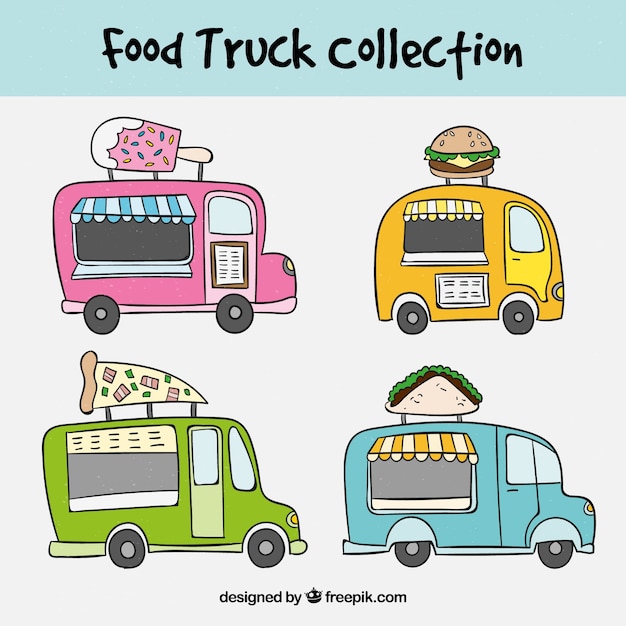 Free vector hand drawn set with colorful food trucks