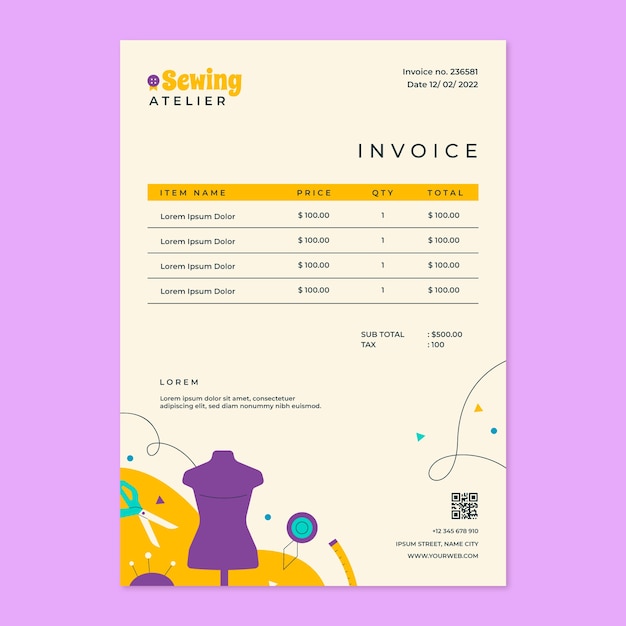 Free vector hand drawn sewing studio invoice template