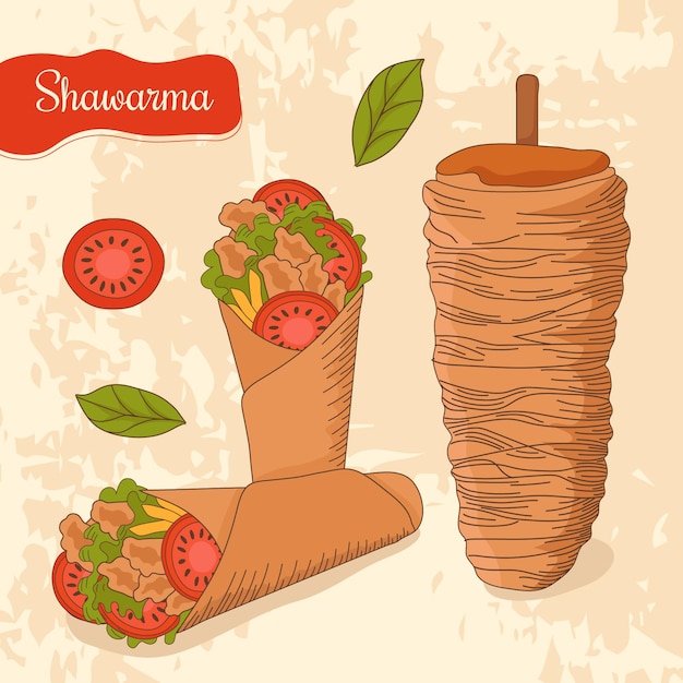 Vettore gratuito illustrazione disegnata a mano di shawarma