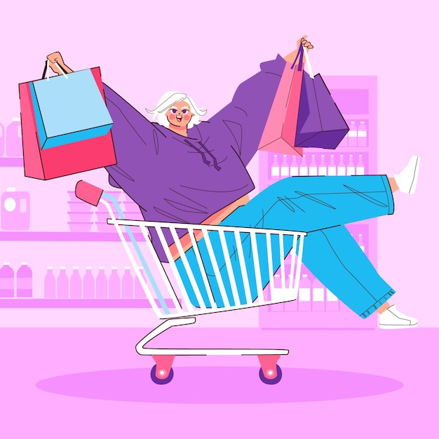 Vettore gratuito illustrazione di cartoni animati di shopping disegnata a mano